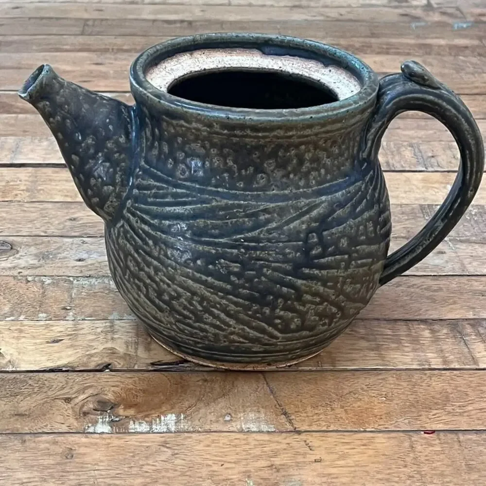 Handmade Stoneware Pottery Teapot Dark Green Textured Finish Artist Signed